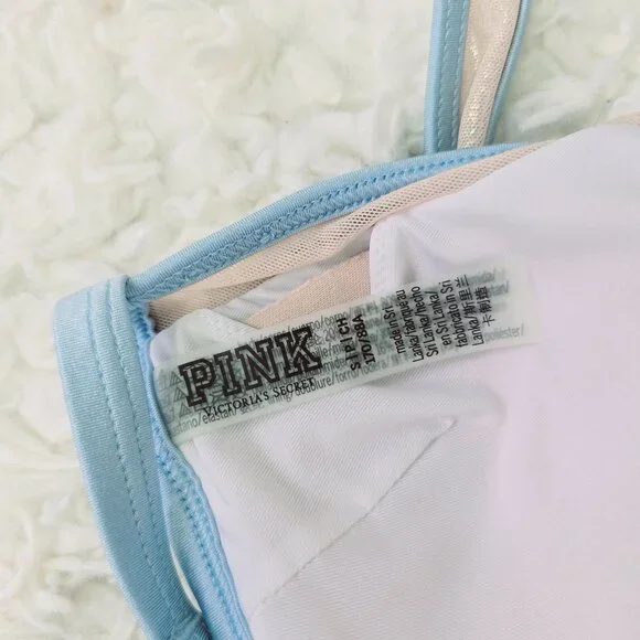 PINK Victoria's Secret Swim Bikini Top Small Blue Mesh Trim T Back Triangle - Picture 3 of 3